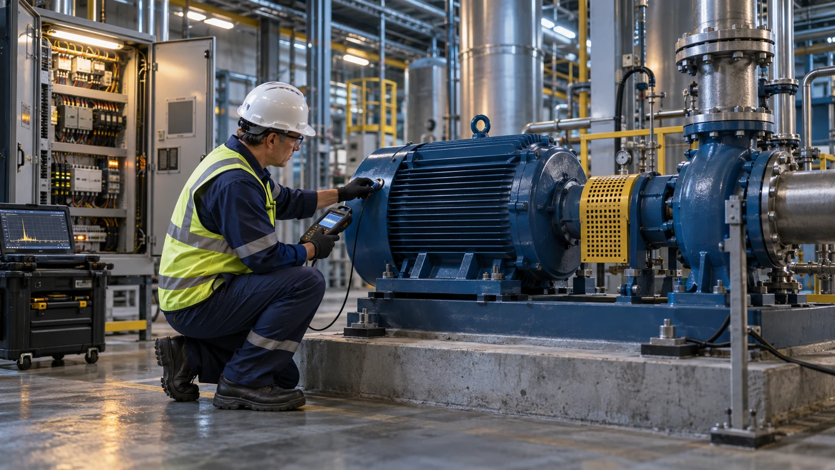 Engineer carrying out vibration diagnostics on a large industrial motor and pump system