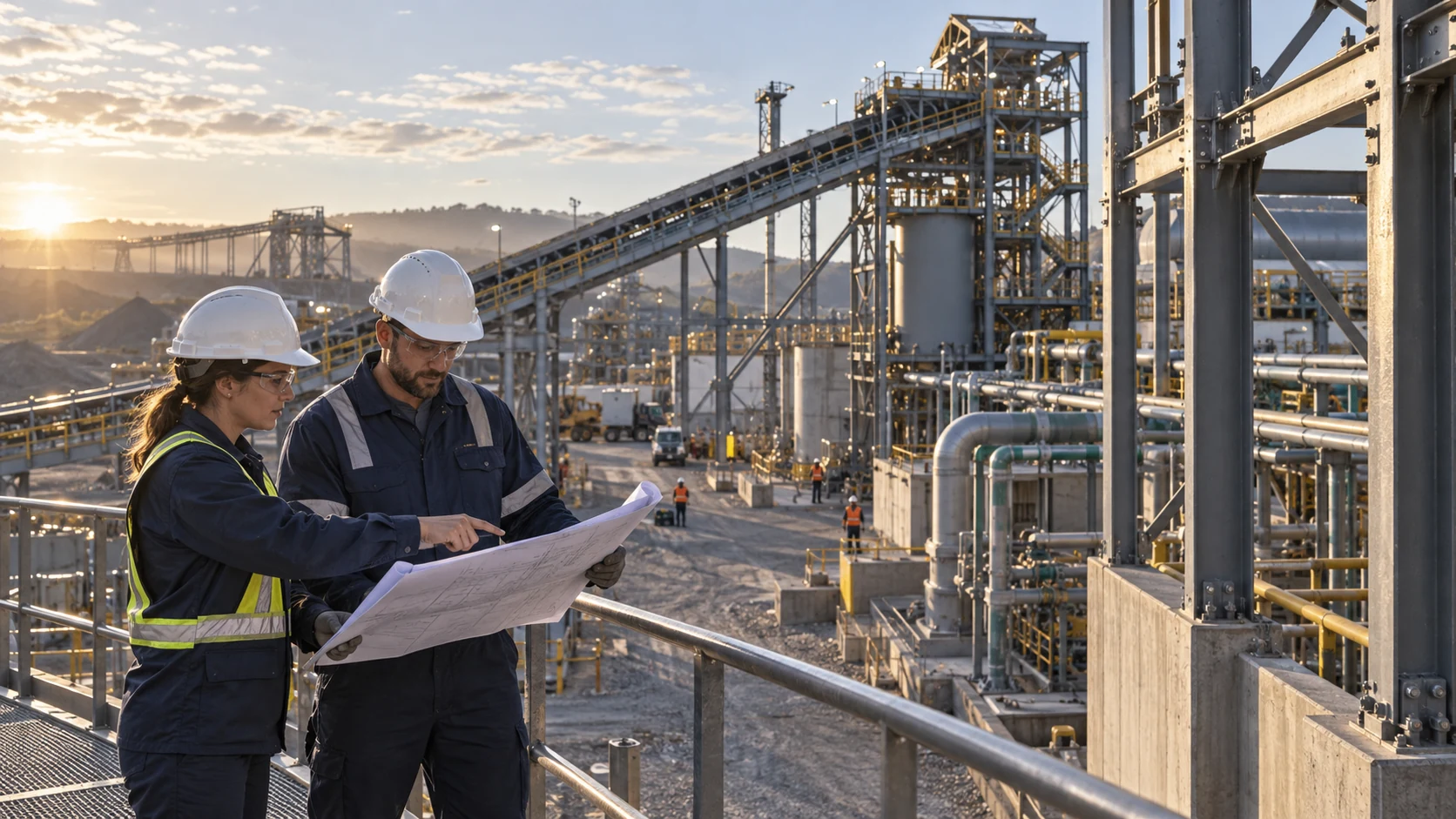 Multidisciplinary engineers reviewing plans at an industrial project site